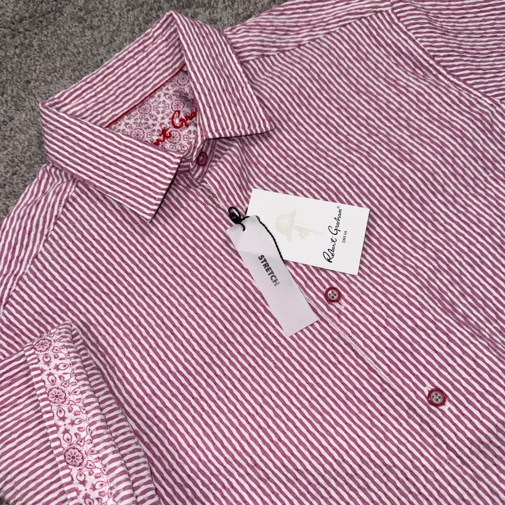 Robert Graham Fornillo Shirt Mens 2XL Berry Pink White Striped Seersucker NEW
